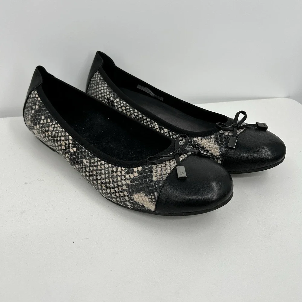 Vionic Womens Minna Ballet Bow Flat Size 10 Snake Print Comfort Slip On Black